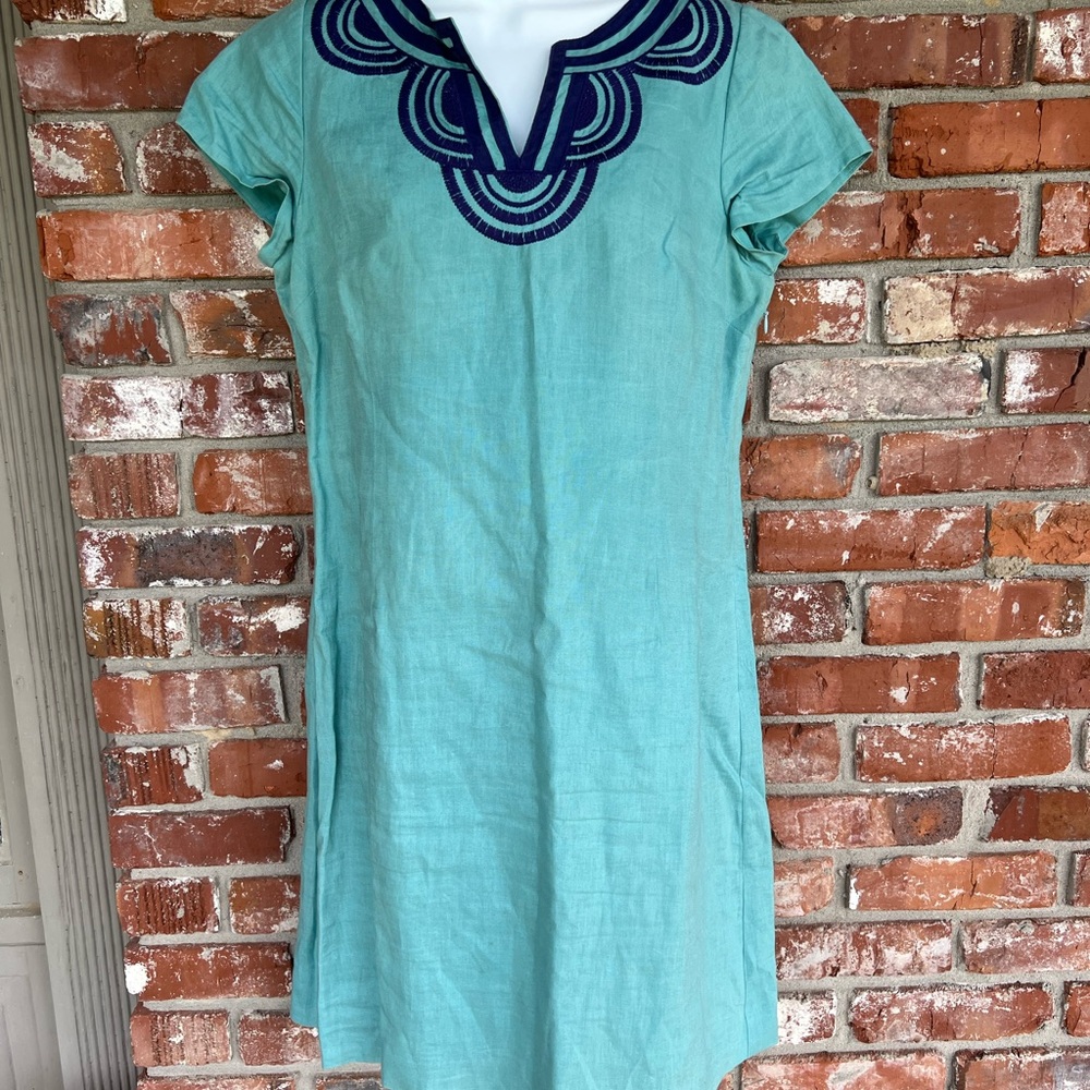 Boden teal Midi linen dress with Blue accents size 8